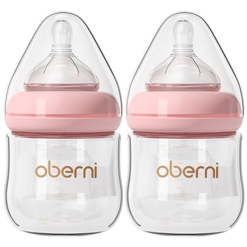 Oberni Glass Baby Bottle, Anti-Colic Baby Bottles with Slow Free Flow Breast-Like Teat 120ml (Pack of 2), 0m+ Newborn, Pink