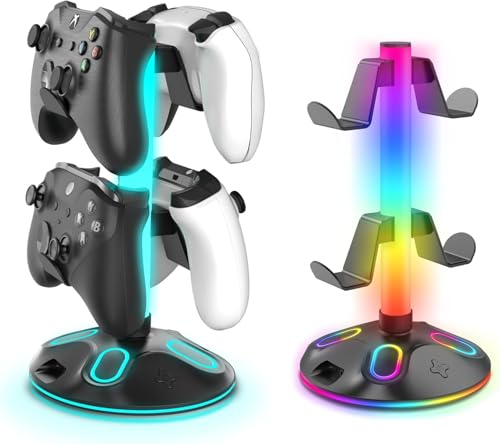 Gaming Headphone Stand - Controller Stand with 10 RGB Lights Modes - Gaming Headset Controller Holder with USB Charging and Type-C Earphone Accessories Storage PC Desk