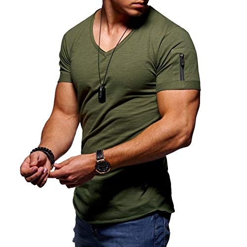 Men’s V Neck T-Shirts, Muscle Workout Athletic Tops Casual Basic Shirts Summer Short Sleeve Slim Fit Tee (UAE/KSA, Alpha, M, L, Regular, Regular, Green)