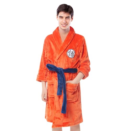 SINSEN Mens Dragon Ball Dressing Gown Anime Goku Bathrobe Sleepwear Thick Flannel Soft Casual Pajamas with Belts, Orange (L/XL)