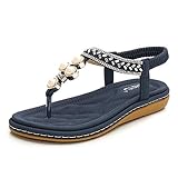  Minetom Damen Sandals Frauen Sandalen Sommer Bohemian Strass Blumen Flach Sandaletten PU Leder Zehentrenner Boho T-Strap Clip Toe Flip Flops D Blau 37 EU