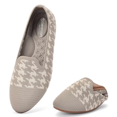 poemlady Women’s Ballet Flat Shoes Dress Knit Round Toe Slip On Ballerina Walking Flats Shoes for Woman Casual Comfort Soft, A/Khaki/Nude 7.5