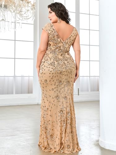 Image of Plus Size Womens Sequined Long Evening Gown Glamous Sleeveless V-Neck Mermaid Prom Dress for Wedding Party