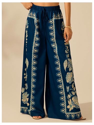 Women's Floral Palazzo Pants Tie Front Elastic High Waist Boho Loose Flowy Vacation Trousers3