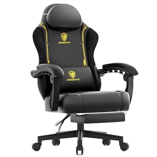 Dowinx Sedia da Gaming, Poltrona da Gaming Ergonomica in Pelle PU con Supporto Lombare, Funzione Massaggio e Schienale Ampio, Può Sostenere fino a 150kg, Gialla