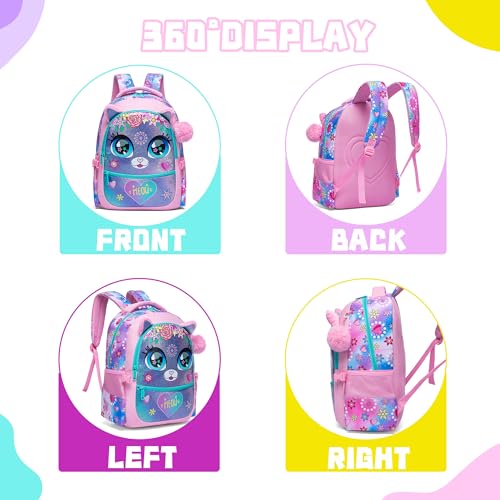 Meetbelify Lindas mochilas escolares para meninas de 8 a 10 anos com lancheira infantil, Flor de gat