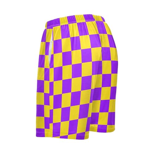 Men's Yellow and Purple Buffalo Checkered Pajama Shorts with Pocket and Drawstring S3