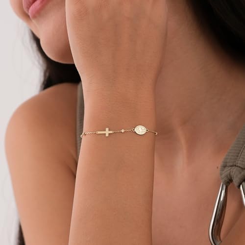 Image of MIONZA Catholic Medal Cross Bracelet for Women | 14K Gold Plated or Solid Gold, Religious Rosary Jewelry, Choose Your Saint Medal Bracelet