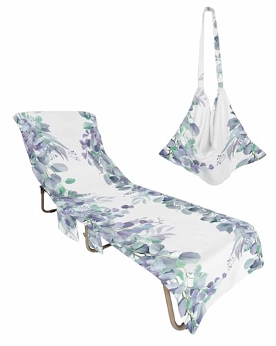 Teal Purple Botanical Beach Lounge Chair Towel Cover, Soft Chaise Lounge Towel with Side Pockets Patio Pool Chairs Cover for Beach/Pool Sunbathing 29x85 Spring Floral Summer Eucalyptus Leaf