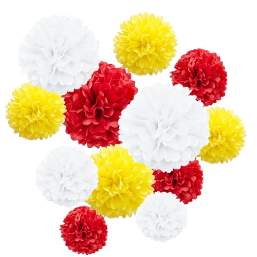 ZooYoo Lot de 12 Pompons en papier de soie à Suspendre Décoration pour Fête Mariage,Anniversaire,3 couleurs de 30,5 cm, 25,4 cm (Rouge Jaune Blanc)