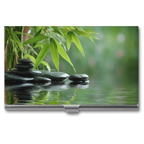 Peaceful Spa Smooth Stones Water Reflections Business Card Holder Pocket Slim Portable Metal Business Card Case