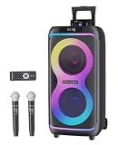 GKDT81 Karaoke Machine with 2 Microphones for Adults, 80W Rated Power, Dual 8' Woofers, Portable Bluetooth Party Speaker with Wheels & Pull Handle, Deep Bass, LED Lights, PA System for Outdoor Parties