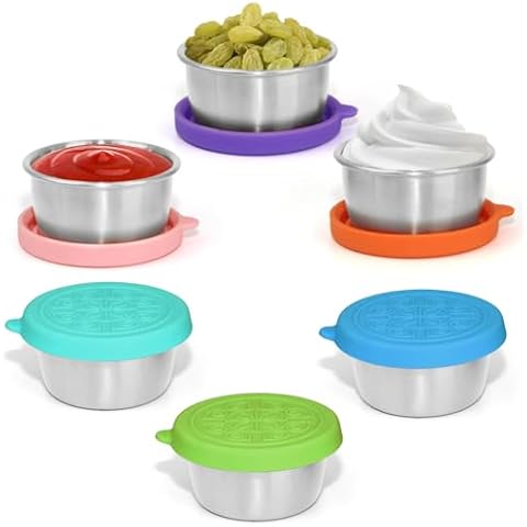 6x1.4 oz Reusable Salad Dressing Container To Go, Fits in Bento Box for Lunch, Stainless Steel Condiment Containers with Silicone Lids, Easy Open Leakproof, Rainbow Color Small Dipping Sauce Cups Set Cover