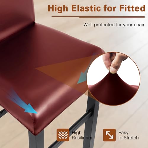 Image of PU Leather Bar Stool Covers with Backs, 6 Pack Stretch Waterproof Bar Stool Chair Covers Washable & Comfortable Barstool Covers Slipcovers with Back for Pub /Counter /Dining Room Decoration (Red)