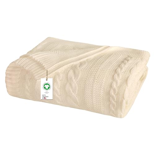 Delara Organic Cotton Throw Blanket 50x70 inches, GOTS Certified Cable Knitted Throws Blanket for Sofa Couch Bed, Baby Nursery, Lightweight Cozy Warm Decorative Blanket All Season Use (Natural)