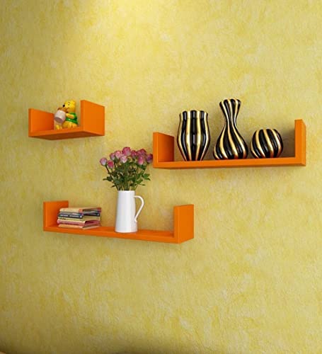 Image of Wooden handicrafts Wooden Stylish Wall Rack Shelves Set of Wall Shelves MDF -Medium Density Fiber Home Decoration Wall Decor (Orange, U Rack 3)