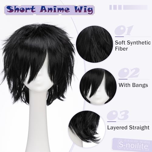 S-noilite Unisex Short Black Wig Women Mens Male Short Fluffy Layered Pixie Wigs for Anime Comic Cons Cosplay Halloween Party Costume Straight Synthetic Hair Wig
