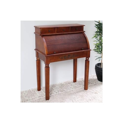 Maykoosh Carved Wood Roll Top Desk, 27' X 20.5' X 42', Hardwood with Antique Finish, Functional Writing Desk with Storage Drawers Brown Stain