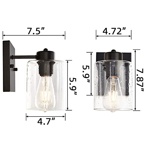 Noele Wall Sconces Set Of Two, Matte Black Vanity Light For Bathroom, Modern Industrial Wall Light Fixtures, Metal Sconces Wall Lighting With Clear Seeded Glass Shade, Farmhouse Wall Lamp For Mirror #TOP5