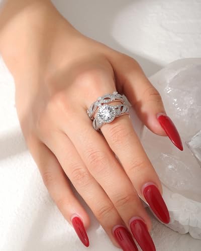 Image of Jeulia 4 Carat Openwork Ring Sets for Women 925 Sterling Silver Wedding Sets Rose Gold Round Cut Halo Engagement Ring White Diamond band CZ Solitaire Anniversary Promise Rings