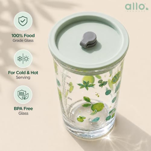 Image of Allo Reusable Glass Mug Sipper Tumbler with Straw, Unique 2 in 1 ANTI Spill Lid | Microwave Safe Leakproof Glass with Anti-Slip Grip for Hot & Cold Coffee| Car, Office, Travel use | 450ml (Green Pear)