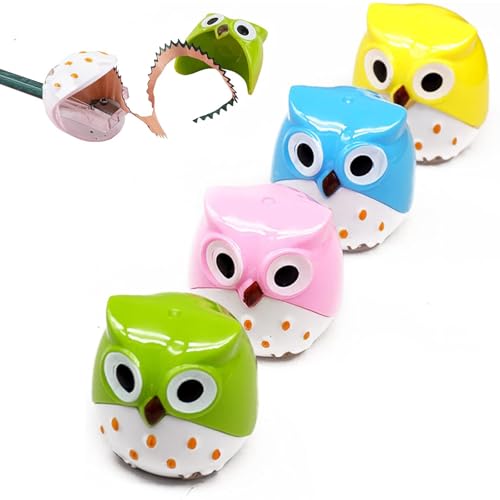 OT-NVWOZR 4 Stück niedliche Cartoon-Tier-Bleistiftspitzer, Kunststoff farbige Katze Eule Manuell klein kompakt Spitzer mit zwei Löchern Pencil Sharpener für Schule Studenten Schreibwaren Büro