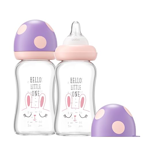 Image of YOHKOH Natural Glass Baby Bottle with Level 1 Slow Flow Nipple, Newborn Anti-Colic Baby Bottles, Wide Neck Mushroom Baby Glass Bottle ((5.4oz (Pack of 2), Purple)