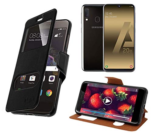New&Teck Coque Samsung Galaxy A20E Housse Etui à 2 Fenêtres en Simili Cuir avec Rabat Magnétique Noir Cover