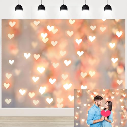 Romantic Valentines Day Backdrop Banner Gold Heart Light Happy Valentines Banner Decorations for Couples Date Night Party Decor Galentines Photo Background 7x5ft（82×59inch）