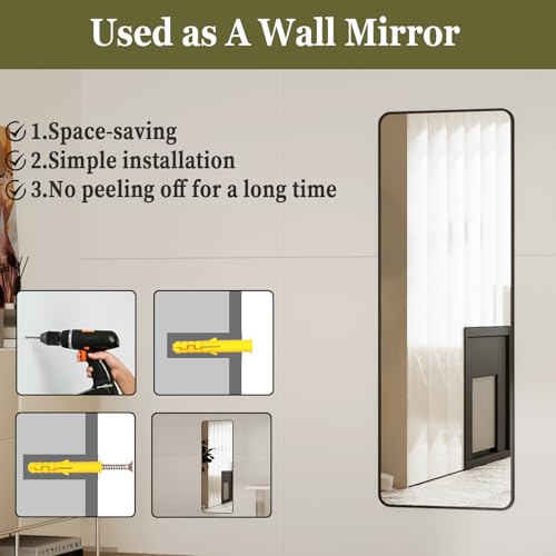 Image of BEAUTYPEAK Over The Door Mirror Full Length 14 inch x 48 inch, Shatterproof Tempered Glass and Aluminum Alloy Frame, No-Drilling Hanging or Wall Mount, Full Body Mirror for Bedroom, Dorm, Black