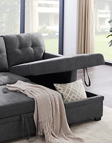 Lilola Home Mabel Dark Gray Woven Fabric Sleeper Sectional with Cupholder and USB Port