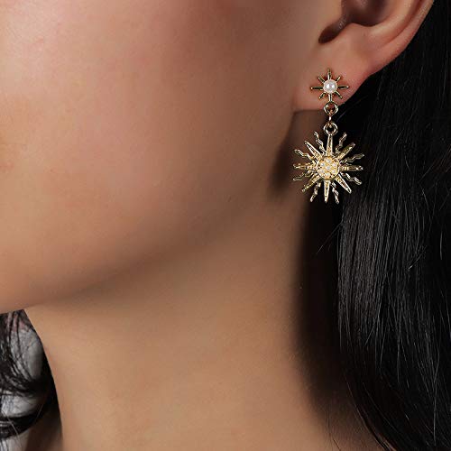 Flzaitian Sun And Crescent Moon Star Planet Dangle Drop Earrings For Women Asymmetrical Vintage Bohemian Mismatched Rhinestone Design Gift Jewelry (A) #TOP1