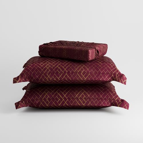 Image of Stoa Paris 300TC UltraSatin Double Fitted Bedsheet Set with 2 Pillow Covers, Gentle on Skin & Hair, Wrinkle & Fade Resistant, Home Decor, Gift for Couple, Starlit Night - Wine (152cmx198cm+30cm)