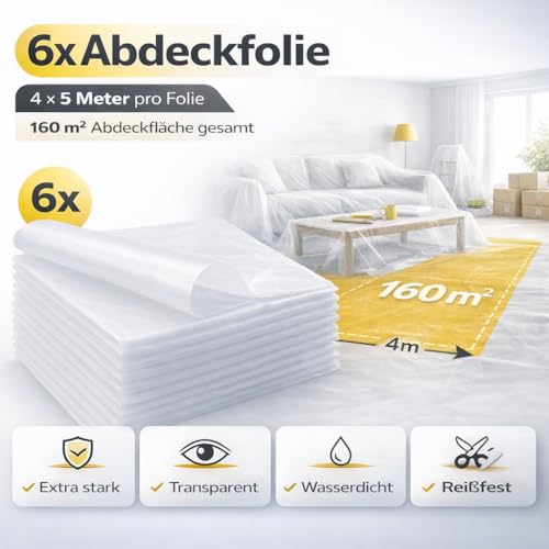 6x Abdeckfolie - 4 x 5 m Malerplane - 160 qm Plane - extra stark & transparent Baufolie & Malerfolie & Malervlies Tapete - Maler Abdeckplane für Renovierung & Umzug - Made in Europe (Mengenauswahl)