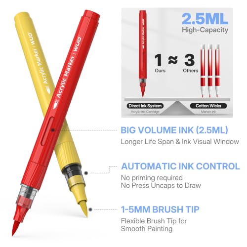 Image of WUO 60 Colors Acrylic Paint Markers Brush Tip with Automatic Ink Control | Water-based, no-bleed, waterproof acrylic paint pens for rock, wood, canvas, glass, ceramic, fabric and DIY crafts