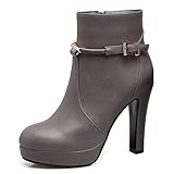  Bviennic Mujer Punta Redonda Elegante Plataforma Tacón Ancho Botines Noche Vestido Invierno Moda Tacón Alto Botines Hebilla Gris Talla 40 EU-41Cn