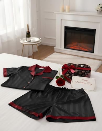 Image of DEARCASE Men's Satin Silk Pajamas Set Classic Button Down Sleepwear 2 Piece | Soft and comfortable silk fabric, lightweight, spliced color sexy lounge wear, short sleeve sleepwear shorts with Pockets