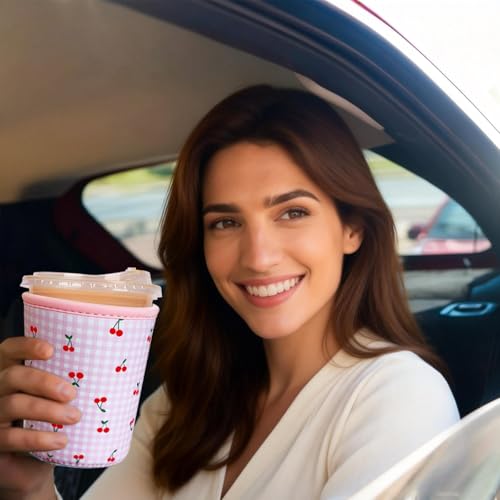 Image of Reusable Insulated Sleeve for Iced Coffee Cup, Coffee Neoprene Sleeve for Cold & Hot Drinks, Beverage Holder for Iced Coffee (Pink Cherry, Medium: 22-24oz)