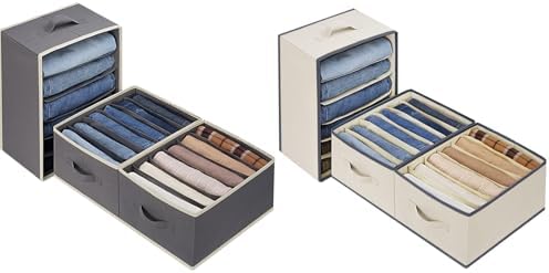 6 Pcs Large Size Wardrobe Clothes Organizers 6 Grids for Pants, Jeans, Sweater, T-shirt, Thin Coat, Dress Stackable Closet Drawer Organizer Storage Bin with Sturdy Handles, Dark Grey & Beige