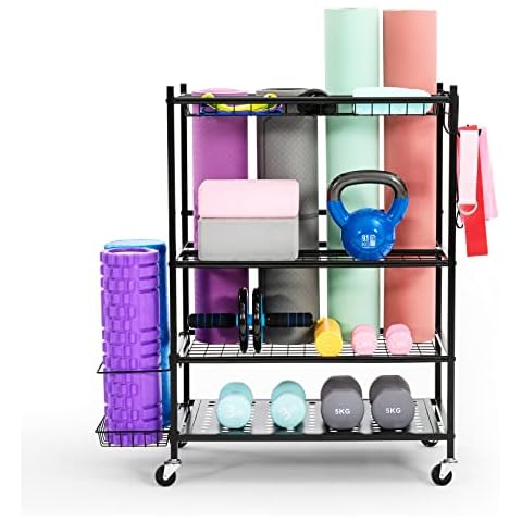 UMINEUX Yoga Mat Holder Storage Racks, Home Gym Storage for Foam Roller, Dumbbells, Kettlebells, All in One Workout Equipment Storage Organizer with Hooks and Wheels Cover