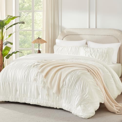 Image of Andency Ruched Ivory Queen Size Comforter Set, Shabby Chic Pleated Bedding Sets 3 Pieces, Lightweight Soft Boho Ruffle Bed Set for Girls, Kids, Women, All Season