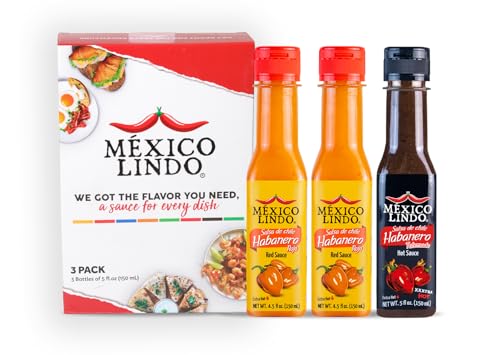 Image of Mexico Lindo Hot Sauce Variety Pack | Includes 2 Bottles of Red Habanero + 1 Bottle of Xxxtra Hot | 5 Fl Oz Bottles (Pack of 3)