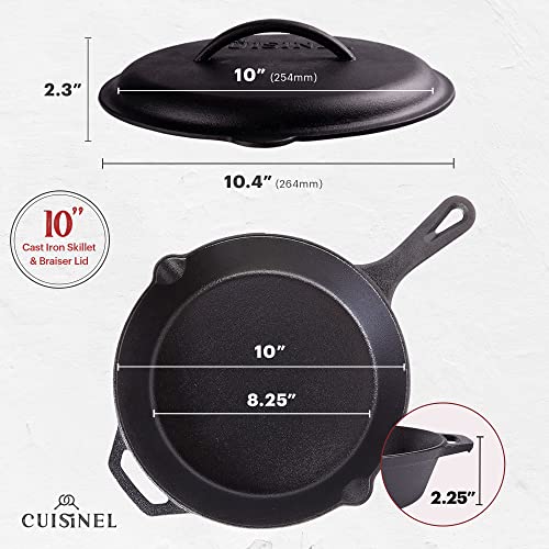 Image of Cuisinel Cast Iron Skillet with Lid - 10 inch-inch Pre-Seasoned Covered Frying Pan Set + Silicone Handle and Lid Holders + Scraper /Cleaner - Use Indoor /Outdoor, Oven, Stove, BBQ, Fire, Grill Cookware