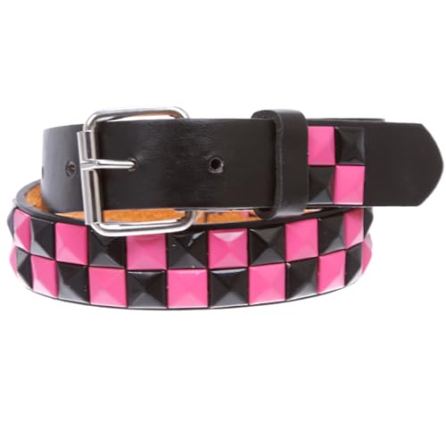 Kids 1" Snap On Black & Fuchsia Checkerboard Punk Rock Studded Leather Belt2