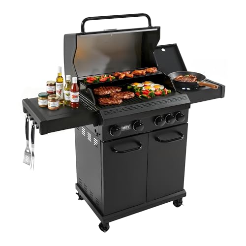 4-Burner Propane Gas Grill, 50,000 BTU Heavy Duty Outdoor BBQ Grill with Side Burner, Cast Iron Cooking Grates & Griddle for Backyard Barbecue