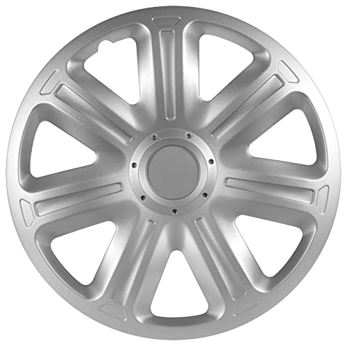 S SUMEX Juego de 4 Tapacubos de 13 Pulgadas Diseño Indiana Silver, Acabado Cromado y ABS Resistente a Fuertes Impactos, Duradero y Fiable con Anillo de sujeción Ajustable