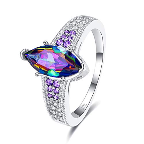 925 Sterling Silver Plated Simulated Rainbow Topaz Marquise Cut Engagement Ring for Women