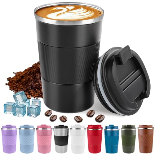 Insulated Coffee Cup with lid，Travel Coffee Mug Leak Proof，Reusable Stainless Steel Vacuum Thermos Coffee tumblers,Thermal Insulation Cups for Men and Women hot and Cold Drinks (3rd-Black, 380ml)