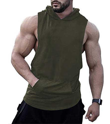 Urru Mens Fashion Sleeveless Hoodie Fitness Tank Top Pocket Army Green L #TOP21