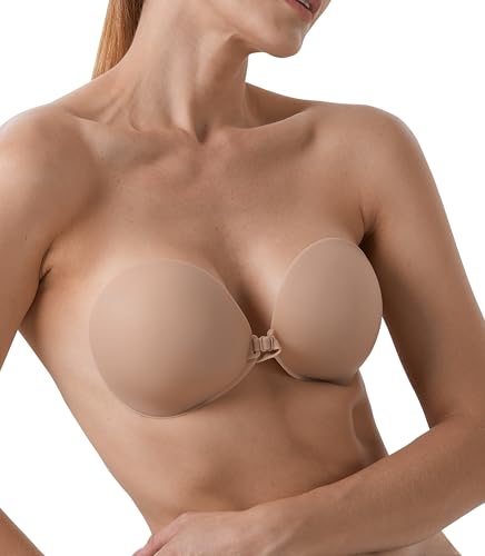 Nippies Silicone Contour Bra - 34C, Caramel - Reusable Strapless Sticky Bra for Women with Shaping Support, Adjustable Front Closure, Deep Round Cups & X Alignment Guide - Backless Outfit Solution